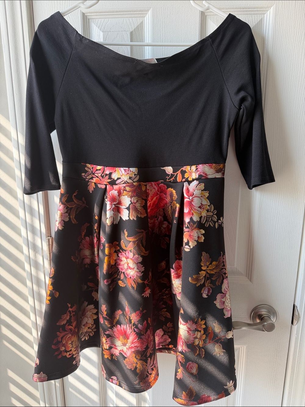 Black Floral Fit & Flare Mini Dress with Pink Rose Print - Picture 2 of 3